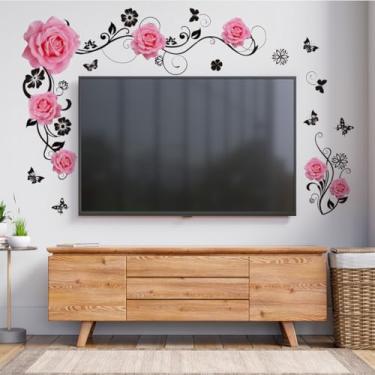 Imagem de ZARROUEA Decalques de parede floral rosa, decoração de fundo de TV de vinil com borboletas, opções de vermelho, azul, roxo, rosa, removível, tema de natureza moderna, 92 x 61 cm, para sala de estar e
