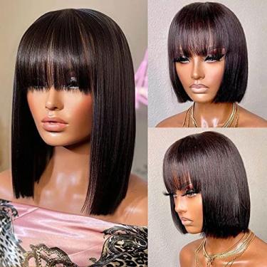 Imagem de Perucas de cabelo humano Bob curto liso com estrondo cabelo humano Remy brasileiro Bob peruca transparente 4X4 fecho peruca (30,48 cm, 4x4 Bang BOB)