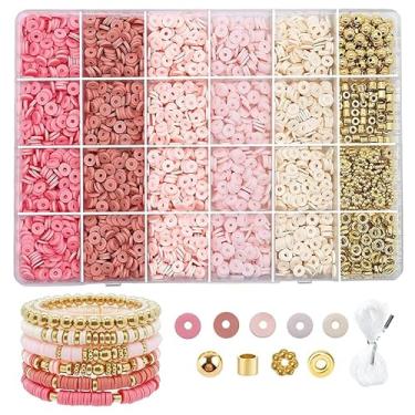 Imagem de Kit de contas de argila de polímero para joias DIY – com cordão elástico, contas espaçadoras, contas heishi planas coloridas – ideal para fazer pulseiras e colar (rosa)