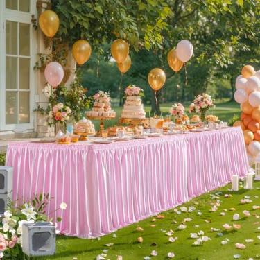 Imagem de Wish Care Saia de mesa de cetim rosa de 6,4 m de comprimento para mesas retangulares, sem rugas, com glitter, toalha de mesa plissada com babados para casamento, meninas, aniversário, chá de bebê