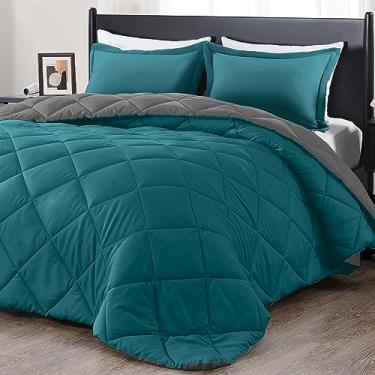 Imagem de Conjunto de edredom downluxe King size, azul-oceano e cinza, macio, para todas as estações, 3 peças: 1 edredom (264 x 233,6 cm) e 2 fronhas (50,8 x 91,4 cm)