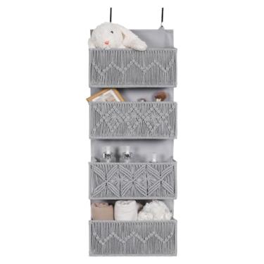 Imagem de Avidanza Organizador de macramê sobre a porta boho para berçário, armazenamento de armário de tecelagem de folhas, 4 bolsos suspensos, porta traseira para banheiro, quarto, cinza
