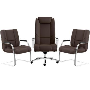 Imagem de Kit Cadeira Presidente Com 2 Cadeiras Fixas Marrom