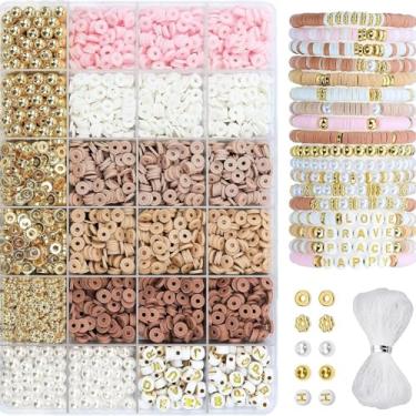 Imagem de Kit de contas de argila de polímero para joias DIY – com cordão elástico, contas espaçadoras, contas heishi planas coloridas – ideal para fazer pulseiras e colar (rosa camelo branco 24)