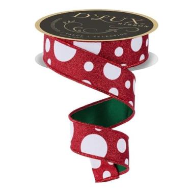 Imagem de Craig Bachman Fita de bolinhas gigantes com glitter D-Lux, 3,8 cm x 10 metros, vermelha com pontos brancos e fundo verde, bordas com fio