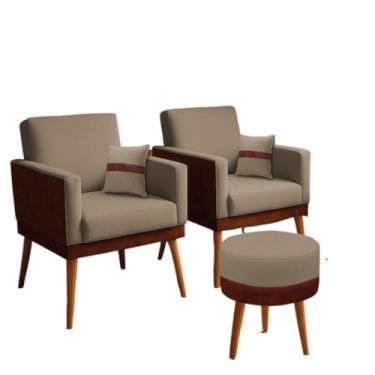 Imagem de Kit 02 Poltronas para Sala Decorativa Lis com Almofada e Puff Redondo Corino Peroba e Suede Aninha Decor (Capuccino)