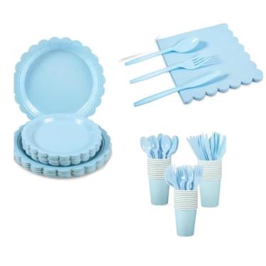 Imagem de Pratos e guardanapos de papel azul, 25 pratos de aniversário de convidados, incluindo pratos recortados, copo de guardanapo de papel, colher de plástico, garfo e faca para chá de bebê, casamento