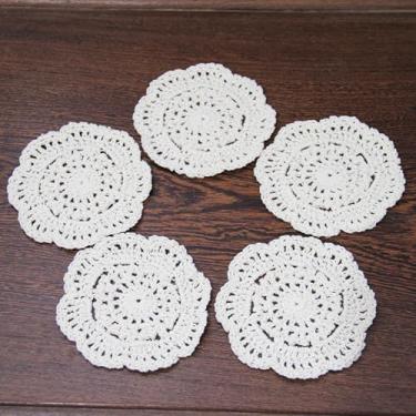 Imagem de golo Toalha de mesa de renda de crochê feita à mão de algodão, 5 peças, toalha de mesa de renda de várias cores, sobreposição, redonda, 4 polegadas, 10 cm