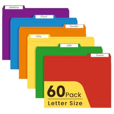 Imagem de Pastas de arquivo, pacote com 60 pastas Manilla com abas cortadas em 1/3, tamanho carta, pastas coloridas para escritório, escola, casa, organização de documentos, 6 cores brilhantes