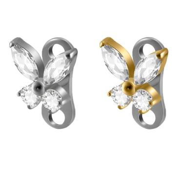 Imagem de Conjunto de âncora dérmica de zircônia cúbica de titânio 14G G23 14G hipoalergênico flores microdérmicas tops e base para lábios, bochechas, joias corporais piercing no peito (zircão borboleta)
