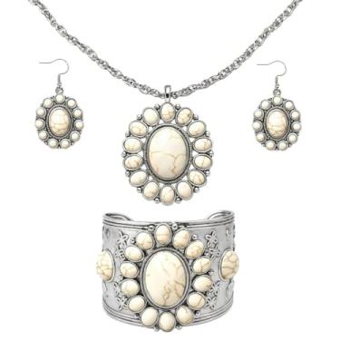 Imagem de Conjuntos de joias Howlite para mulheres - Acessórios de vaqueira ocidental inspirados em turquesa - Conjunto de brincos e pulseira boho de praia de verão - bijuterias de aniversário, presentes de