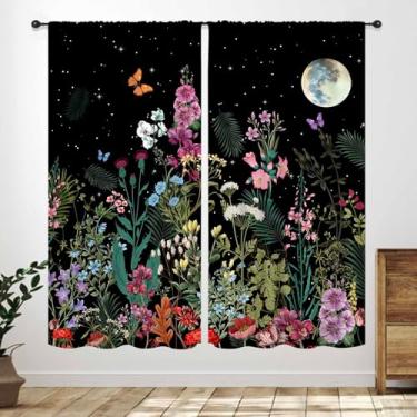 Imagem de Cortinas florais boho, flores pretas florais, lua, flores silvestres, folhas de plantas silvestres, cortinas botânicas para quarto, sala de estar, banheiro, janelas, 2 conjuntos de painéis, 106 x 113