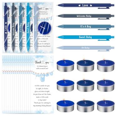 Imagem de Spakon 60 Sets Baby Shower Favors for Guests Include Unscented Tealight Candles Multicolor Ballpoint Pen Thank You Card Opp Bags Gender Reveal Gifts for Baby Shower Game Prizes(Blue,Boy)