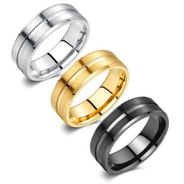 Imagem de Corato 3 peças de anéis de aço inoxidável para homens, anéis de titânio de 8 mm para homens, conjunto de alianças de casamento masculinas em ouro preto e prata, acabamento escovado fosco central