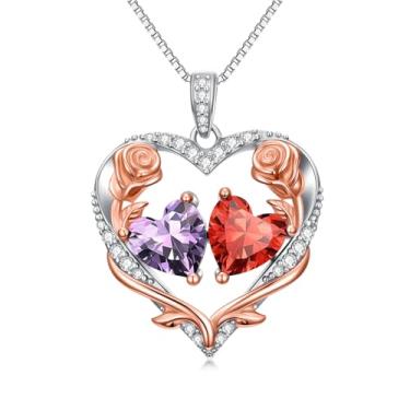 Imagem de Zoeniya Colar de coração rosa, presente para mulheres, banhado a ouro branco 18 k, pedra do mês de nascimento de 12 meses, presente de aniversário e Natal para sua esposa, namorada, 25mm, base