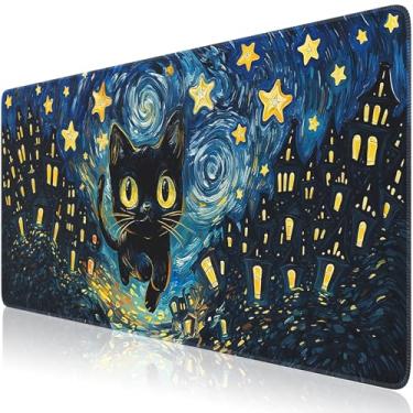 Imagem de iCasso Tapete de mesa preto, bonito tapete de teclado estético, tapete de computador de anime para desktop, base de borracha antiderrapante, tapete de mouse de gato extragrande para jogos, escritório
