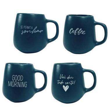 Imagem de Jogo 4 Caneca Bojuda 260ml Porcelana Fosca Para Cappuccino Verde Cobalto