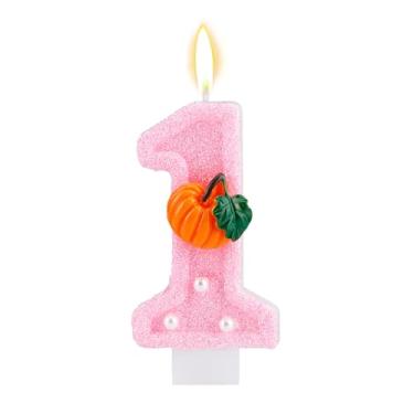 Imagem de Vela de Aniversário Número 1, Glitter Topo Bolo Primeiro Aniversário abóbora Decoração de Festa Temática Outono para Chá Bebé e Celebração(Rosa, Estilo 1)