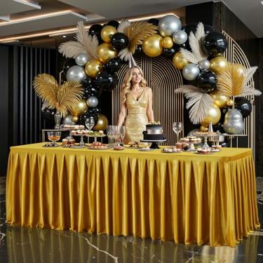 Imagem de Toalha de mesa dourada escura com glitter para mesas retangulares de 2,4 m, saia de mesa de festa brilhante resistente a amassados, saia de mesa de cetim lavável para feiras, festas, aniversário