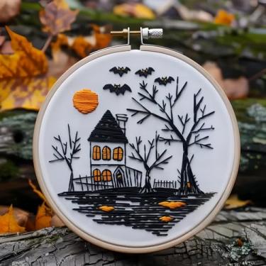 Imagem de Kit de bordado de chapéu de bruxa floral, conjunto de material de ponto cruz de Halloween com padrões de flor de caveira de morcego e abóbora, kit de artesanato para iniciantes e profissionais (casa