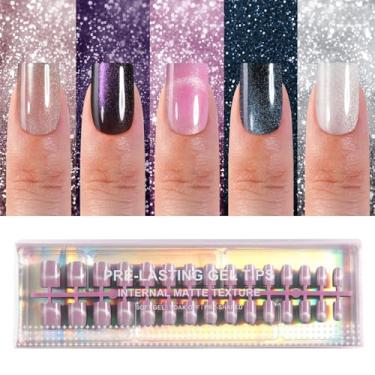 Imagem de 150 peças de unhas de pressão de olho de gato, pontas de unhas quadradas curtas Plauva XS, unhas postiças com glitter brilhante, unhas adesivas de gel macio para mulheres e meninas, 15 tamanhos