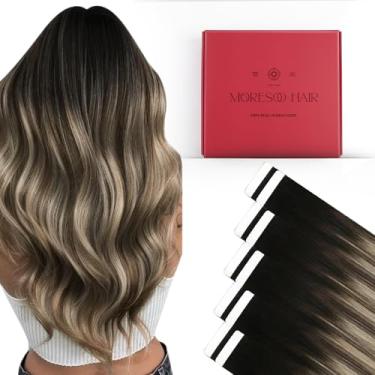 Imagem de Moresoo Extensões de cabelo humano com fita adesiva, 55 cm, 10 peças, 25 gramas, nº 1B/3/27, preto a marrom escuro com loiro caramelo, extensões de cabelo sem costura da moda