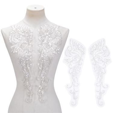 Imagem de PLIGREAT 2 pares de apliques de renda de lantejoulas 3D, bordados com contas brancas, remendos de renda, bordados, borboletas, costurados, apliques para casamento, vestido de noiva, roupas, decoração