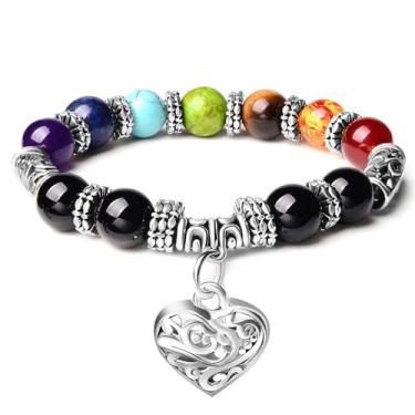 Imagem de Pulseira de 7 chacras com contas naturais para ioga, meditação, religião, equilíbrio de cura, pulseira de contas para mulheres, pingente de coração, One Size, Pedra, Lápis-lazúli