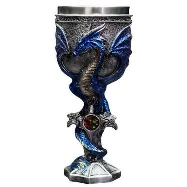 Imagem de YIXINLOMYY Cálice de dragão de aço inoxidável Dungeons and Dragon Gift for Men, 200 ml, cálice de vinho, cruz medieval, copos góticos (azul)