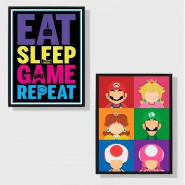Imagem de Kit 2 Quadros Eat Sleep Game Repeat Personagens 33X24Cm - Quadros On-L