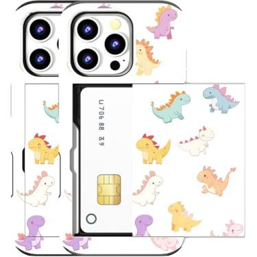 Imagem de MUQR Capa compatível com iPhone 15 Pro Max com porta-cartão fofo - Design Kawaii, proteção contra quedas de nível militar, capa carteira robusta para mulheres (dinossauros brancos de desenho animado)