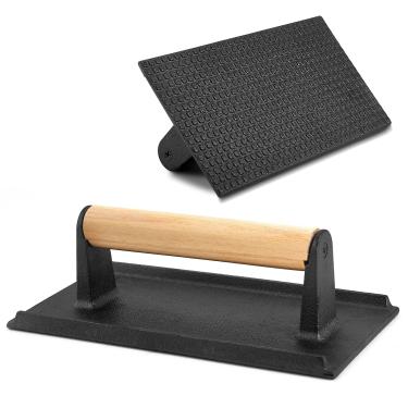 Imagem de HaSteeL Prensa de hambúrguer de bacon para grelhar Teppanyaki, pré-temperada, 20 x 10 cm, peso da grelha de ferro fundido com cabo de madeira, perfeito para bifes de churrasco, sanduíches Pannis – 2 peças