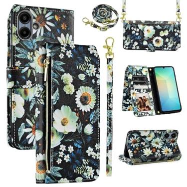 Imagem de Dswteny Capa carteira para Samsung Galaxy A06 5G com alça de pulso removível, zíper floral couro PU suporte para cartão acessórios capa de celular para Ao6 A 06 4G LTE mulheres homens preto