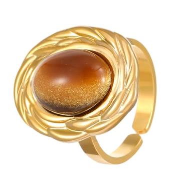 Imagem de BlingNook Anéis de ouro grossos para mulheres e homens, anel moderno de aço inoxidável boêmio com flor de sol empilhável, não mancha, pingente floral boêmio, joia aberta ajustável, presente para