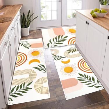 Imagem de PCSWEET HOME Conjunto de tapetes de cozinha Boho 3 peças, tapetes de cozinha laváveis para chão, antiderrapante, durável, tapete de cozinha, tapete de corredor para corredor, lavanderia, verde/laranja