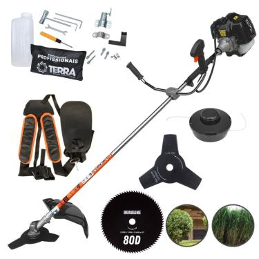Imagem de Roçadeira Profissional Terra GRH430 2 Tempos 43cc 1,7HP de Potência Cortador de Grama Com Cabeçote de Nylon + Lâmina 3 Pontas + Lâmina 80 Dentes