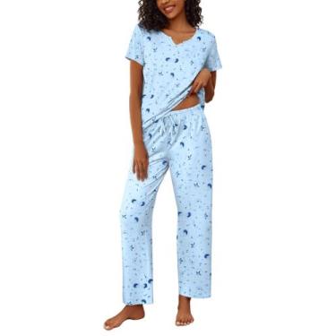 Imagem de Conjunto de pijamas Ekouaer, blusa feminina de manga curta, calça comp