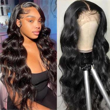 Imagem de Peruca frontal de renda sintética Veally 13x4 HD Body Wave 26" preta