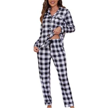 Imagem de Conjunto de pijama ZMJ xadrez para mulheres, camisa de manga comprida 
