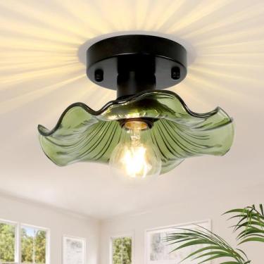 Imagem de Luz de teto Shenmoyl Semi Flush Mount preta com vidro verde