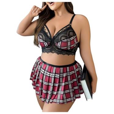 Imagem de WDIRARA Conjunto de lingerie sexy feminino plus size Tartan School Girl Bralette e saia, Xadrez vermelho, X-Large Plus