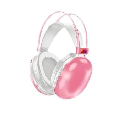 Imagem de Fone de Ouvido Rosa Sem Fio Recarregável USB LED RGB Earpads Confortáv