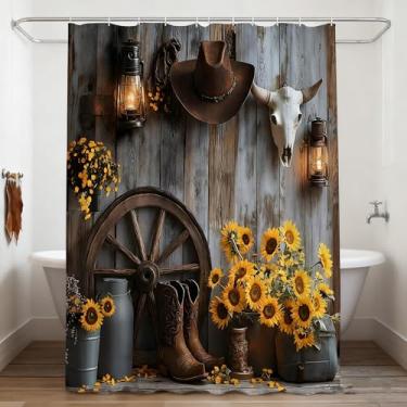 Imagem de JONSEQIN Cortina de chuveiro caubói ocidental fazenda vintage marrom porta de celeiro sudoeste país rancho botas de cowboy floral rústico tema sudoeste decoração de banheiro cortinas 178 x 178 cm com