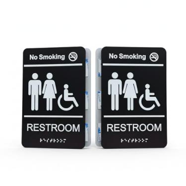 Imagem de Placas de banheiro unissex 2 em 1 para negócios com placa de não fumar, placas de banheiro de alumínio escovado, compatível com ADA com braille de grau 2, ícones elevados, fita dupla face 3M para