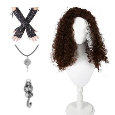 Imagem de abouder Peruca longa afro encaracolada fofa feminina cosplay fantasia de Halloween perucas com pingente de caveira de pássaro colar preto luvas longas sem dedos e tatuagem falsa