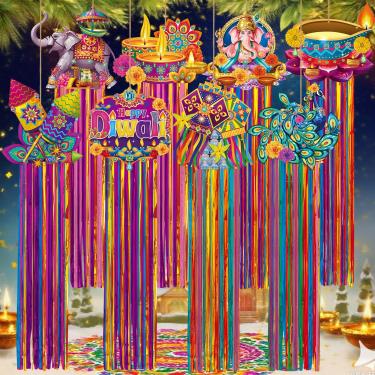 Imagem de DoubleFill 8 peças de decorações para pendurar ao ar livre Diwali com borlas placas indianas de jardim Diwali para lâmpada de óleo festival de luzes casa de fazenda 1 m casa gramado quintal artigos de