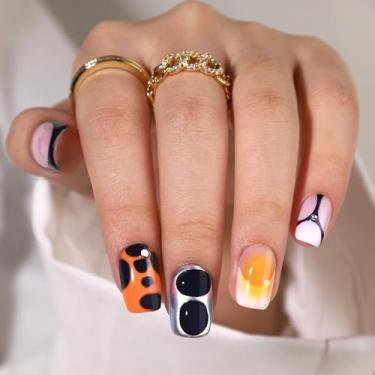 Imagem de RTKHFZE Unhas curtas de pressão – unhas quadradas francesas, com desenhos de unhas postiças com cola para unhas, ajuste natural reutilizável em 16 tamanhos – Kit de 32 unhas postiças de gel, leopardo