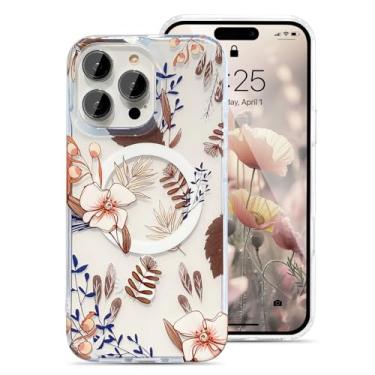 Imagem de UEEBAI Capa magnética para iPhone 16 Pro, capa de flores compatível com MagSafe, capa de telefone floral bonita com carregamento sem fio, antiamarelamento, flores luxuosas, capa transparente para