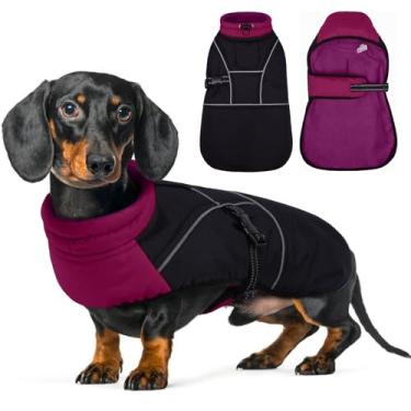 Imagem de Lelepet Casaco de inverno quente para cães Dachshund, jaqueta impermeável com forro de lã, roupa de neve refletiva para uso ao ar livre com gola ajustável com orifício de trela, casacos para cães