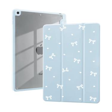 Imagem de Capa com laço branco para iPad mini 7 (A17 Pro) 2024 / iPad mini 6 2021 de 8,3 polegadas com suporte para lápis com três dobras de couro azul estética feminina capa traseira transparente despertar